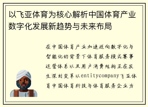 以飞亚体育为核心解析中国体育产业数字化发展新趋势与未来布局