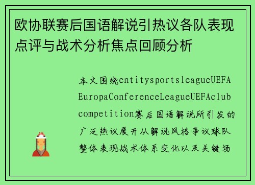 欧协联赛后国语解说引热议各队表现点评与战术分析焦点回顾分析